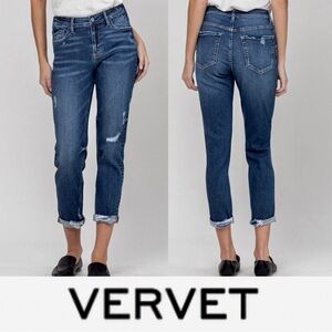 Vervet Partition Dark Wash Distressed Stretch High Rise Cuff Boyfriend Jeans